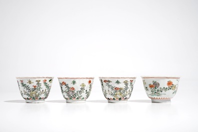 Four Chinese famille verte cups and saucers, Kangxi